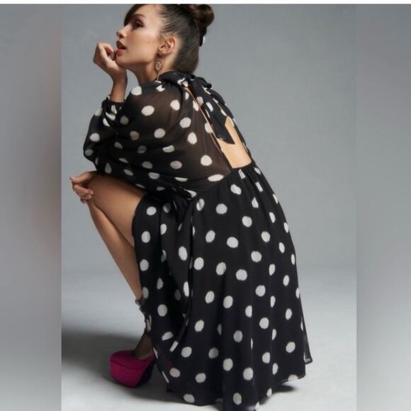 Anthropologie Maeve black white polka dot dress open back sheer sleeves sz xs - Picture 3 of 13